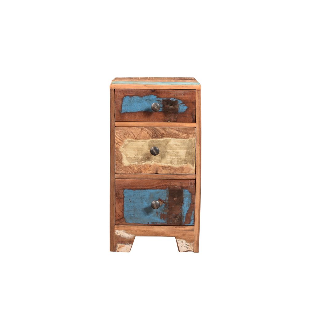 Coloured reclaimed wood 3 drawers small locker withcast iron knobs