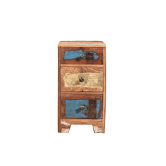 Coloured reclaimed wood 3 drawers small locker withcast iron knobs