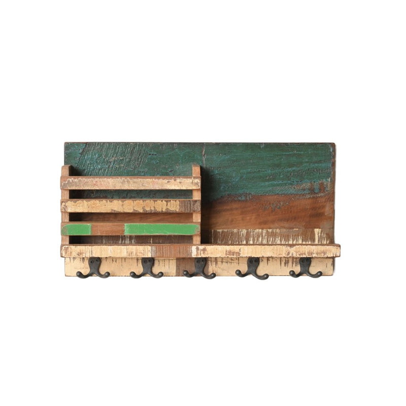Wall Unit with 5 cast iron hooks, a small shelf and an open compartments for letter frontview