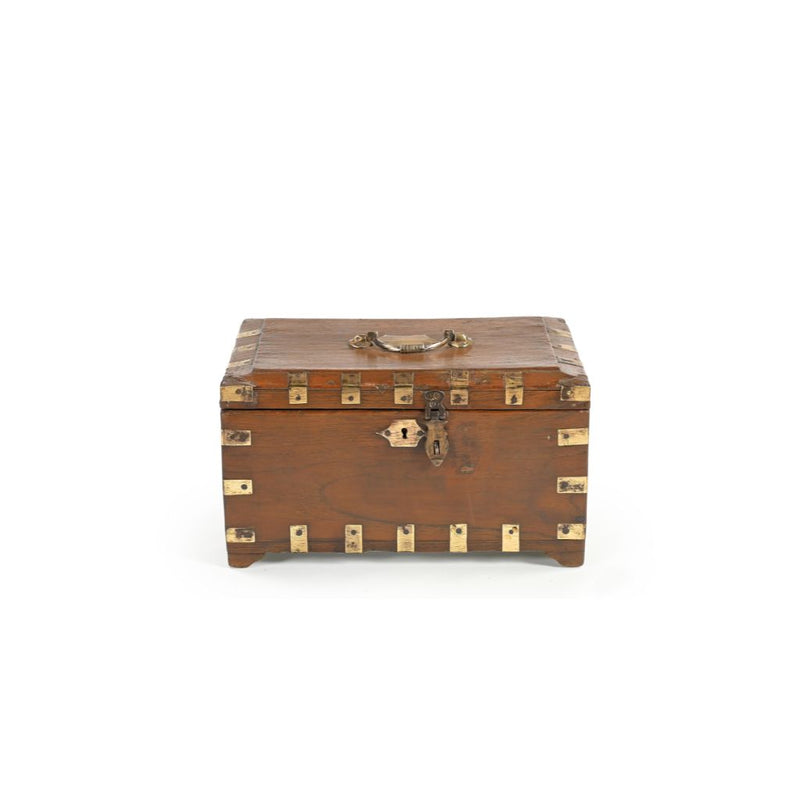Vintage teak wood small box with brass casings, brass lock and brass handle