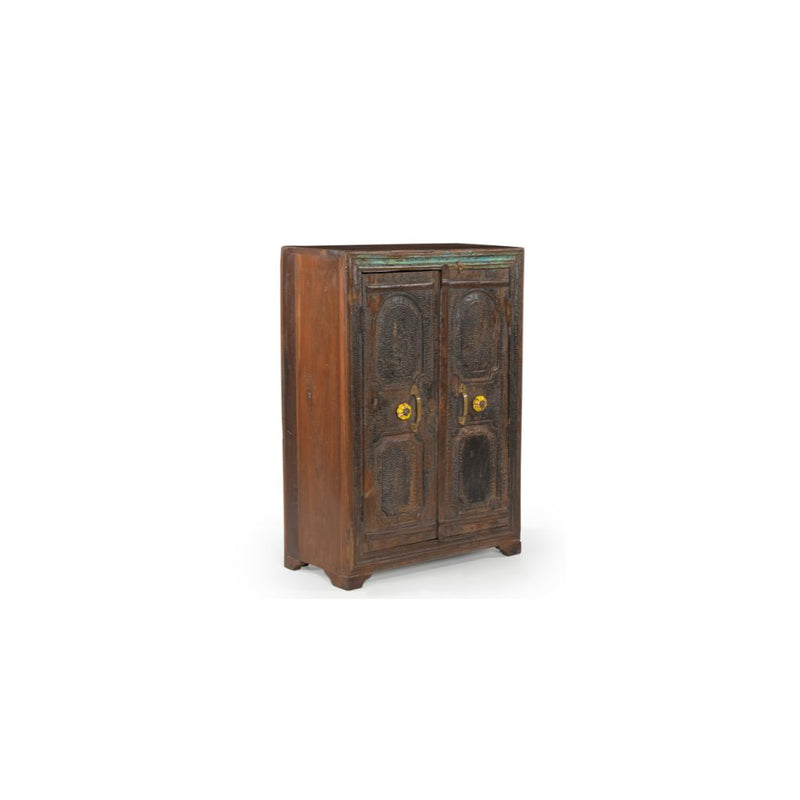 Small Wood cabinet with 2 reclaimed door. It has 2 brass handles & 2 yellow vintage ceramic knobs