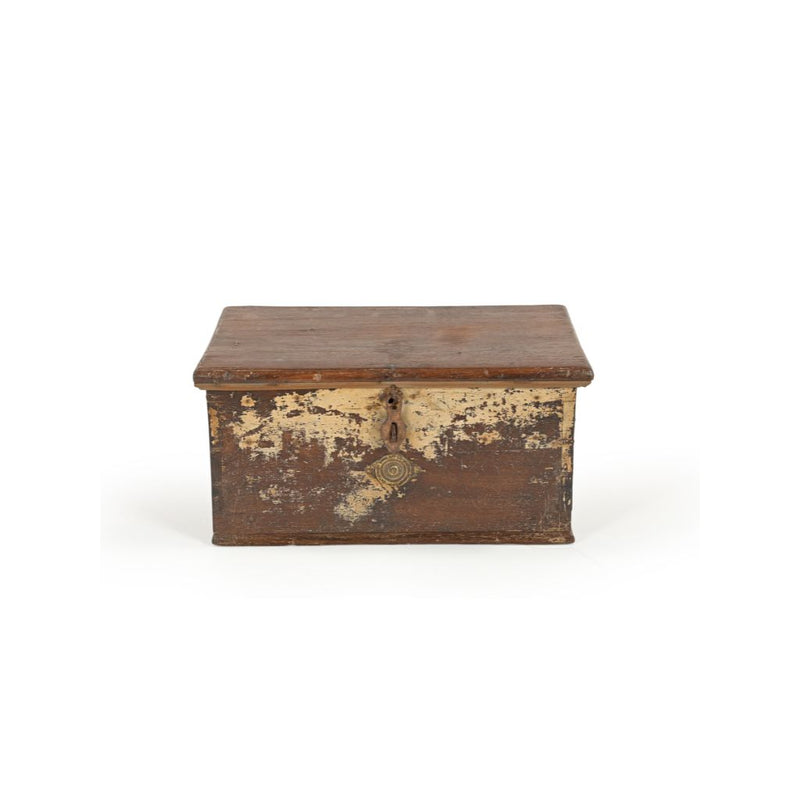 Vintage wood box with distressed cream paint front view showing brass latch & brass stamp
