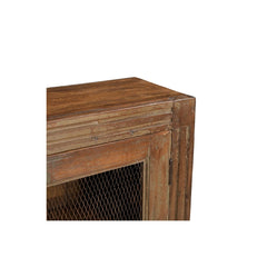 Vintage teak locker with single door. There's an open panel covered with metal mesh. It has one inner shelf and a brass handle. The front frame has carved lines. Showing the detail of the front.