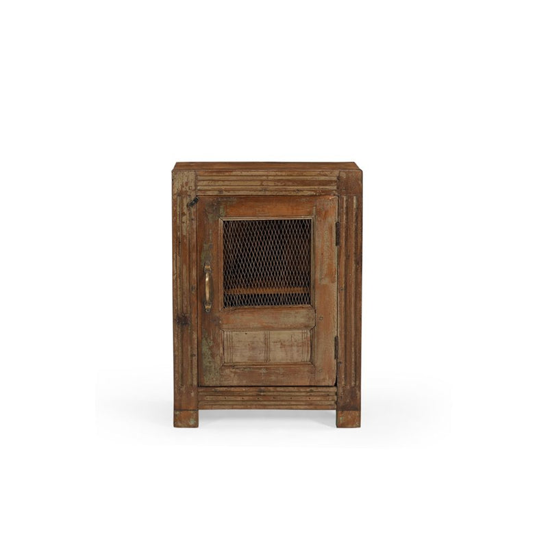 Vintage teak locker with single door. There's an open panel covered with metal mesh. It has one inner shelf and a brass handle. The front frame has carved lines. Showing frontview.