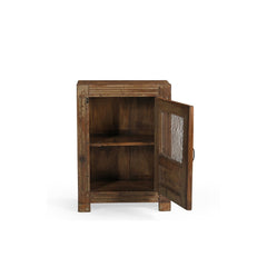 Vintage teak locker with single door. There's an open panel covered with metal mesh. It has one inner shelf and a brass handle. The front frame has carved lines. Showing the door open.
