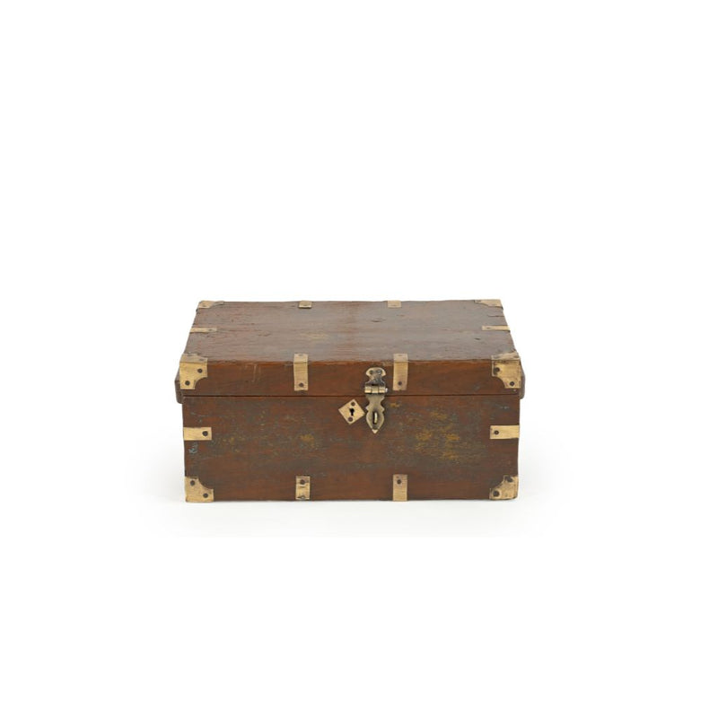 Vintage dark wood box with brass casings and latch.