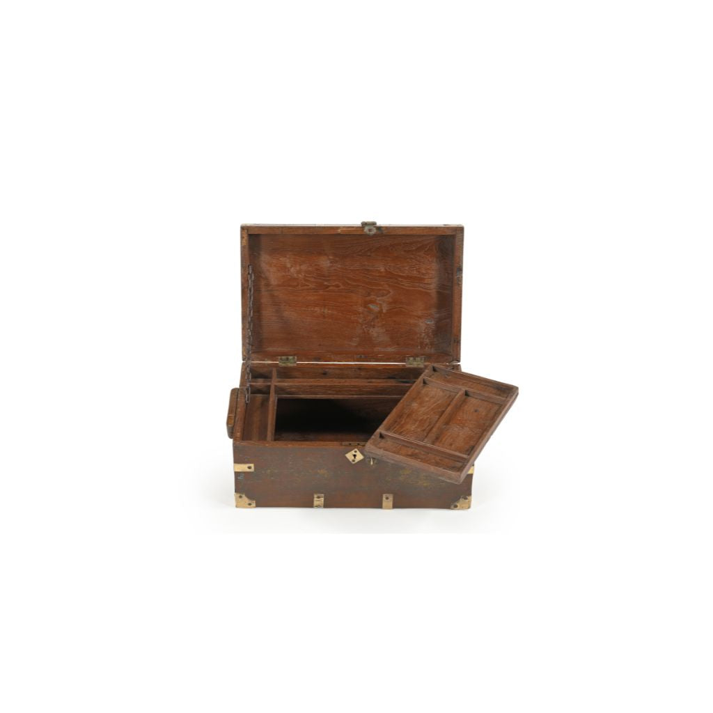 Vintage dark wood box with brass casings and latch, top open revealing a removable tray, top compartments and a storage space underneath.