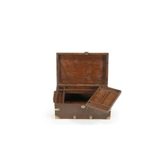 Vintage dark wood box with brass casings and latch, top open revealing a removable tray, top compartments and a storage space underneath.