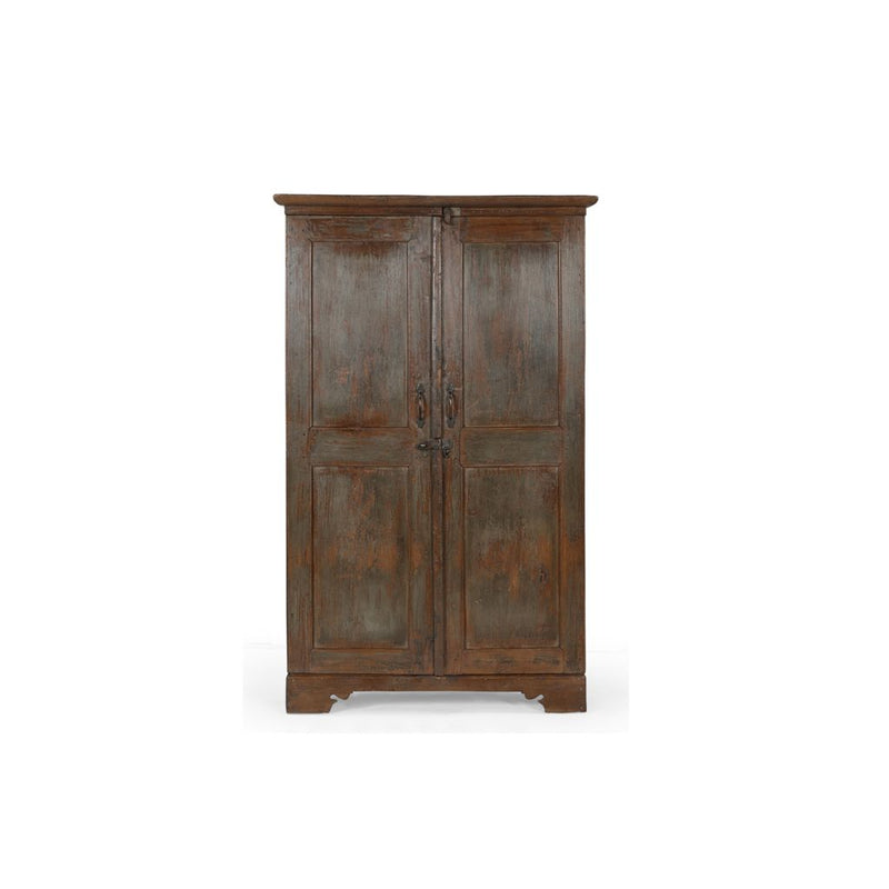 Narrow teak wood cabinet with 2 doors & 4 inner shelves with a lovely grey patina. The doors are panelled with brass handles & a latch. Front view