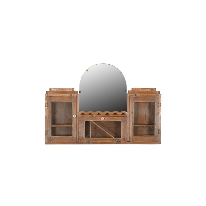 Vintage Teak Wall cabinet with dome styled mirror in the middle and 3 small compartments with glass doors. 2 on each sides and one under the mirror. 