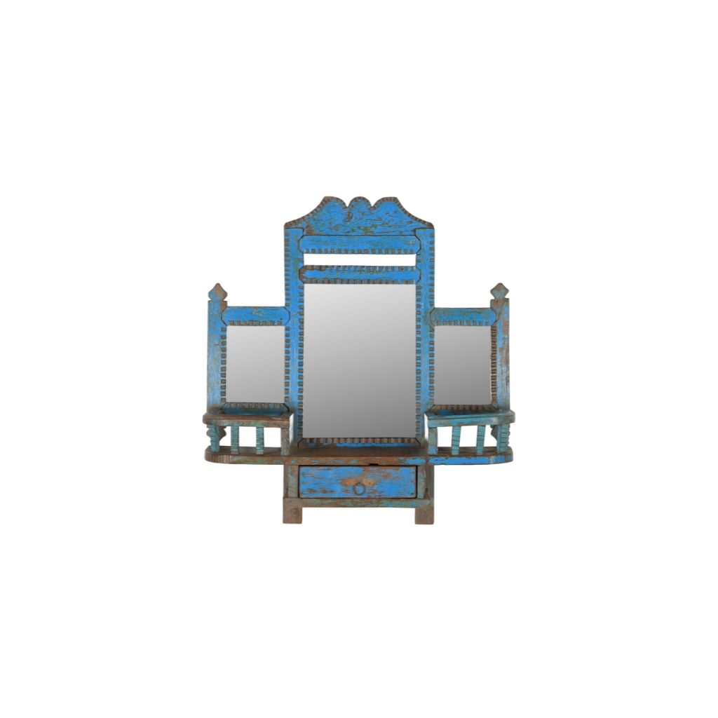 Vintage wood wall cabinet with one central mirror & 2 smaller mirrors on each side. There's a blue distressed patina, a small drawer at the bottom and 2 small compartments under the smaller mirrors.