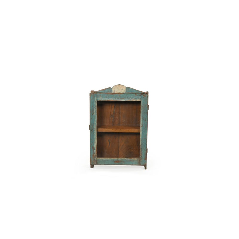 Tiny vintage wall glass cabinet made of teak wood with the door painted in blue. The inside is natural wood with one inner shelf.