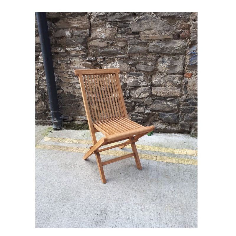 Folding reclaimed teak wood chair with seat & back openwork.
