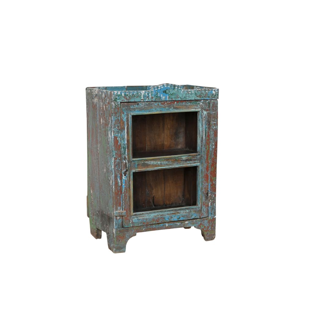 Vintage-style wooden & glass door cabinet with peeling blue paint on a white background