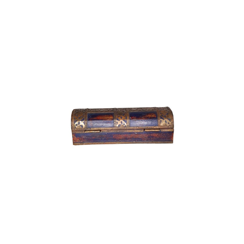 Vintage rectangular wood box with a blue/red patina and brass floral casings. It has a brass latch in the front. Showing the back view.