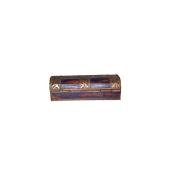 Vintage rectangular wood box with a blue/red patina and brass floral casings. It has a brass latch in the front. Showing the back view.