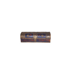 Vintage rectangular wood box with a blue/red patina and brass floral casings. It has a brass latch in the front. Showing the front view.