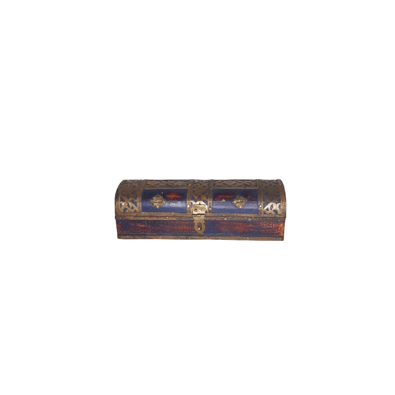 Vintage rectangular wood box with a blue/red patina and brass floral casings. It has a brass latch in the front. Showing the front view.