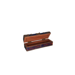 Vintage rectangular wood box with a blue/red patina and brass floral casings. It has a brass latch in the front. Showing the box open.