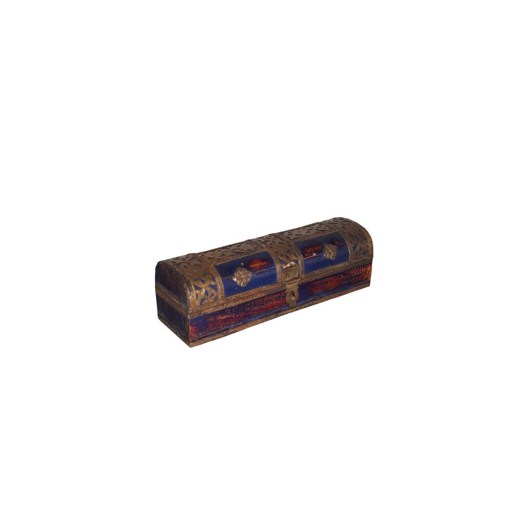 Vintage rectangular wood box with a blue/red patina and brass floral casings. It has a brass latch in the front. Showing the side.