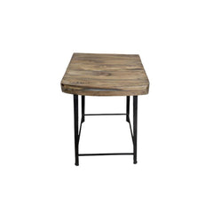 Square reclaimed wood stoll with cast iron blak legs with metal trim near the bottom, showing the wood seat.