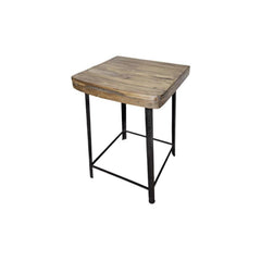 Square reclaimed wood stoll with cast iron blak legs with metal trim near the bottom.