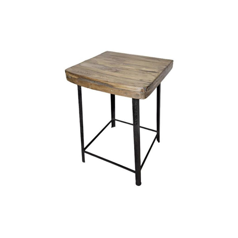 Square reclaimed wood stoll with cast iron blak legs with metal trim near the bottom.