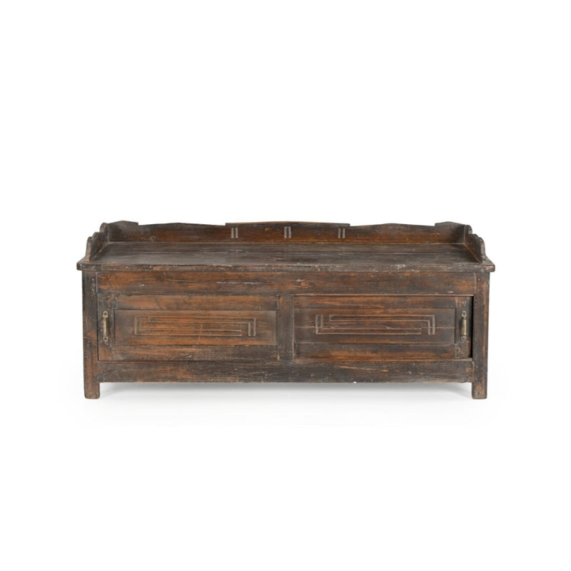 Vintage low console with 2 sliding doors and a 3 sides decorative trim on top. Showing front view.