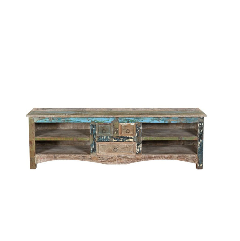 Media unit in reclaimed wood with 3 drawers and 2 shelves front view white background