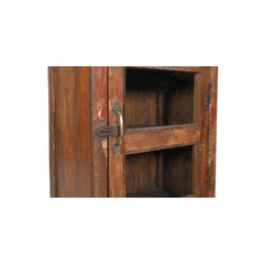 Vintage wood locker with one glass door detail showing brass handle & metal latch