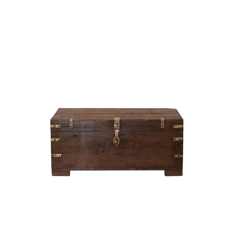 Dark wood vintage trunk with brass casing & lockable latch. Showing front.
