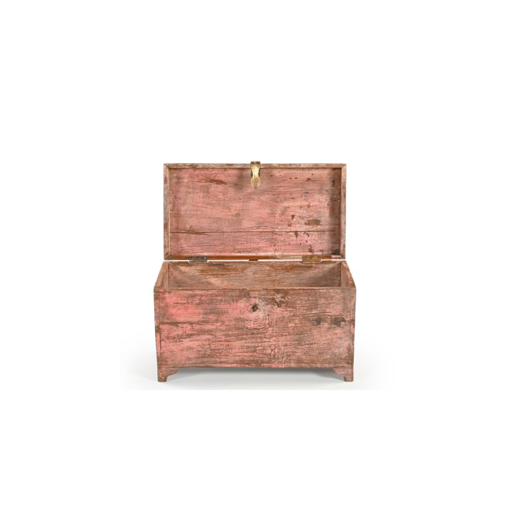 Vintage teak wood trunk distressed pink with brass hatch openvtiew
