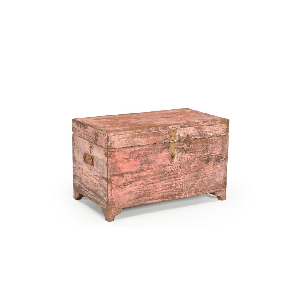 Vintage teak wood trunk distressed pink with brass hatch sideview showing side handles