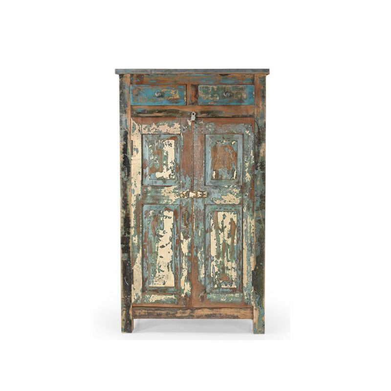 Reclaimed wood cabinet with 2 doors & 2 drawers above. The doors are 2 reclaimed panels with blue cream distressed patina showing the front