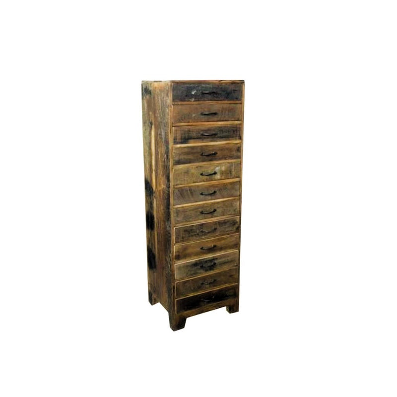 Unit with 12 shallow drawers in reclaimed natural wood & cast iron handles