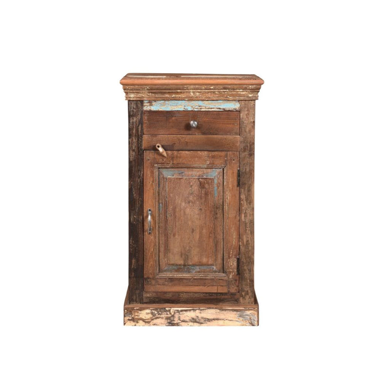 Reclaimed wood with a bit of paint cabinet with one drawer and one door front view
