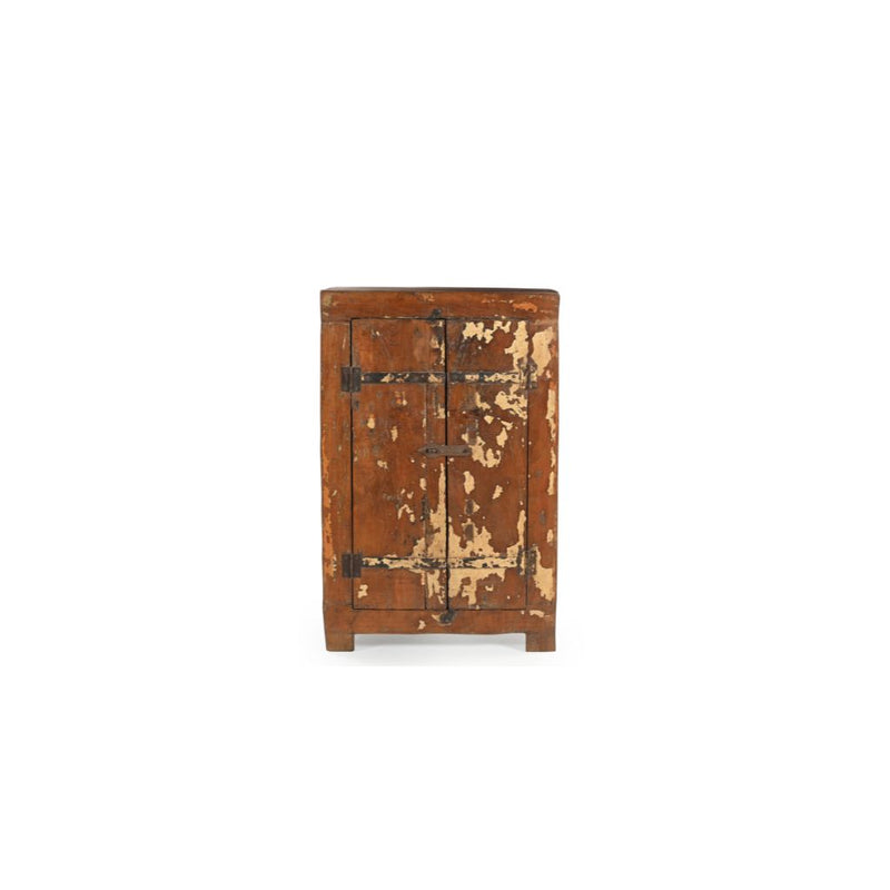 Vintage natural wood cabinet with a reminiscence of cream paint on the two front doors. There's metal casings & hinges with a lockable latch. Showing front view.
