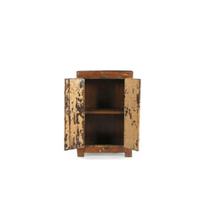 Vintage natural wood cabinet with a reminiscence of cream paint on the two front doors. There's metal casings & hinges with a lockable latch. Showing doors open revealing one inner shelf.