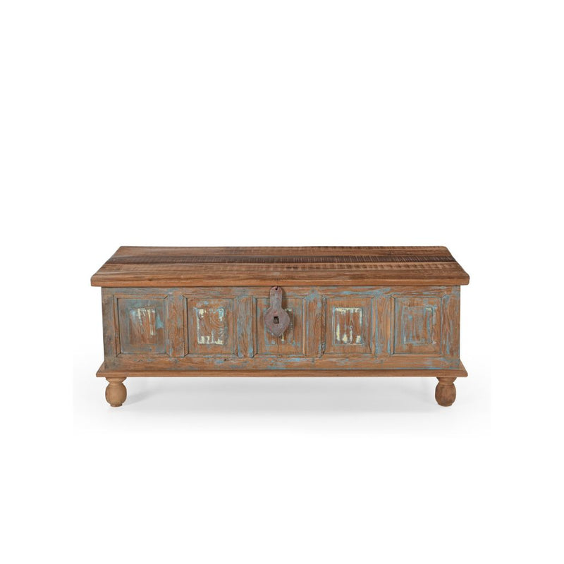 Wooden trunk with decorative carvings on a white background
