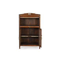 Wooden bookshelf with open door on a white background