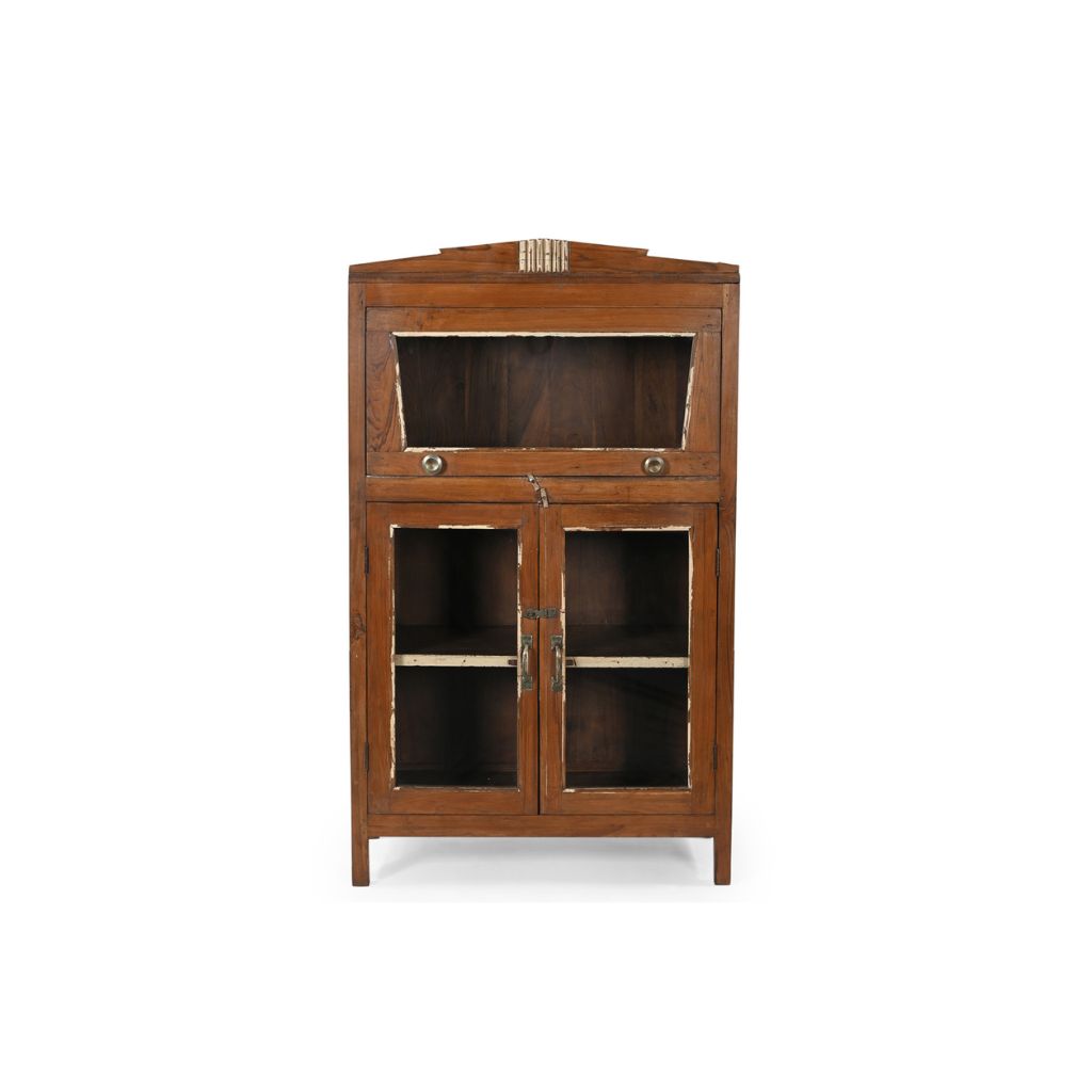 Wooden vintage glass cabinet with glass doors on a white background