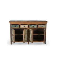 Sand dresser with 4 drawers & 4 doors made of reclaimed wood with distressed paint open view showing inner shelf