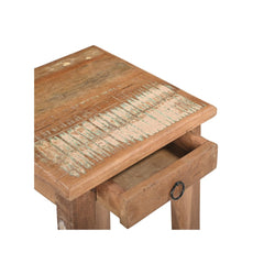 Counter wood stool made of reclaimed wood with original distressed paint. It has one tiny drawer under the square seat. Showing the detail of the seat with the drawer open.