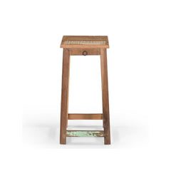 Counter wood stool made of reclaimed wood with original distressed paint. It has one tiny drawer under the square seat. Showing the front view.
