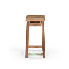 Counter wood stool made of reclaimed wood with original distressed paint. It has one tiny drawer under the square seat. Showing the front with the drawer open.