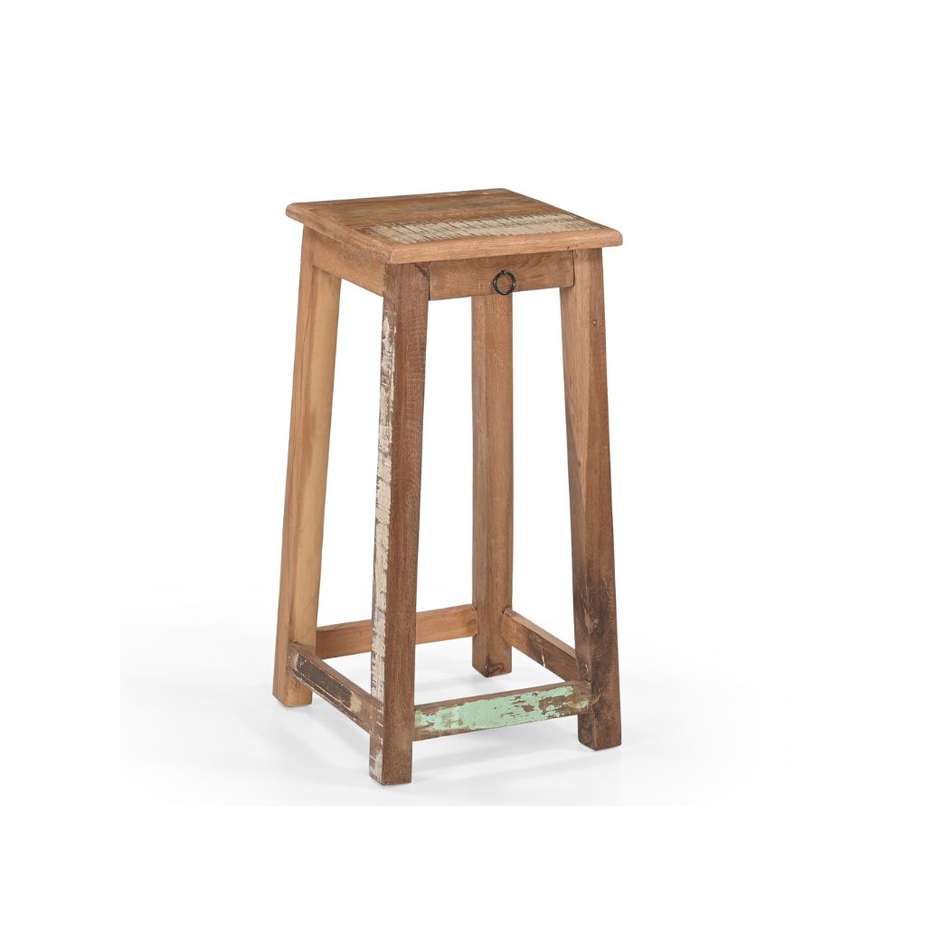 Counter wood stool made of reclaimed wood with original distressed paint. It has one tiny drawer under the square seat. Showing the side view.