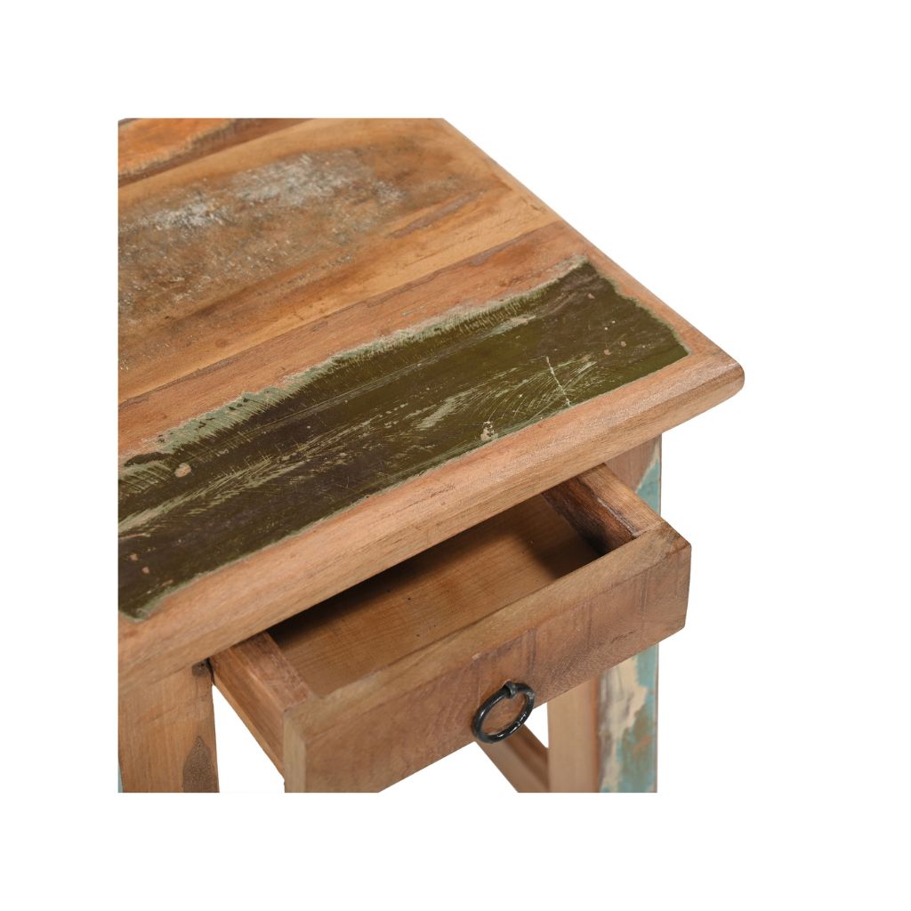 Small square stool with one tiny drawer under the seat. Made of reclaimed wood which had been previously painted, there's 4 legs with barres across the bottom.. Showing the detail of the drawer open.