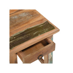 Small square stool with one tiny drawer under the seat. Made of reclaimed wood which had been previously painted, there's 4 legs with barres across the bottom.. Showing the detail of the drawer open.