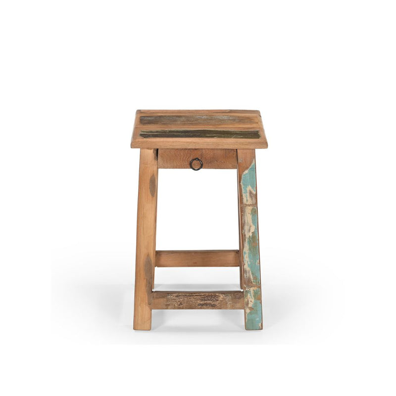 Small square stool with one tiny drawer under the seat. Made of reclaimed wood which had been previously painted, there's 4 legs with barres across the bottom.. Showing the front view