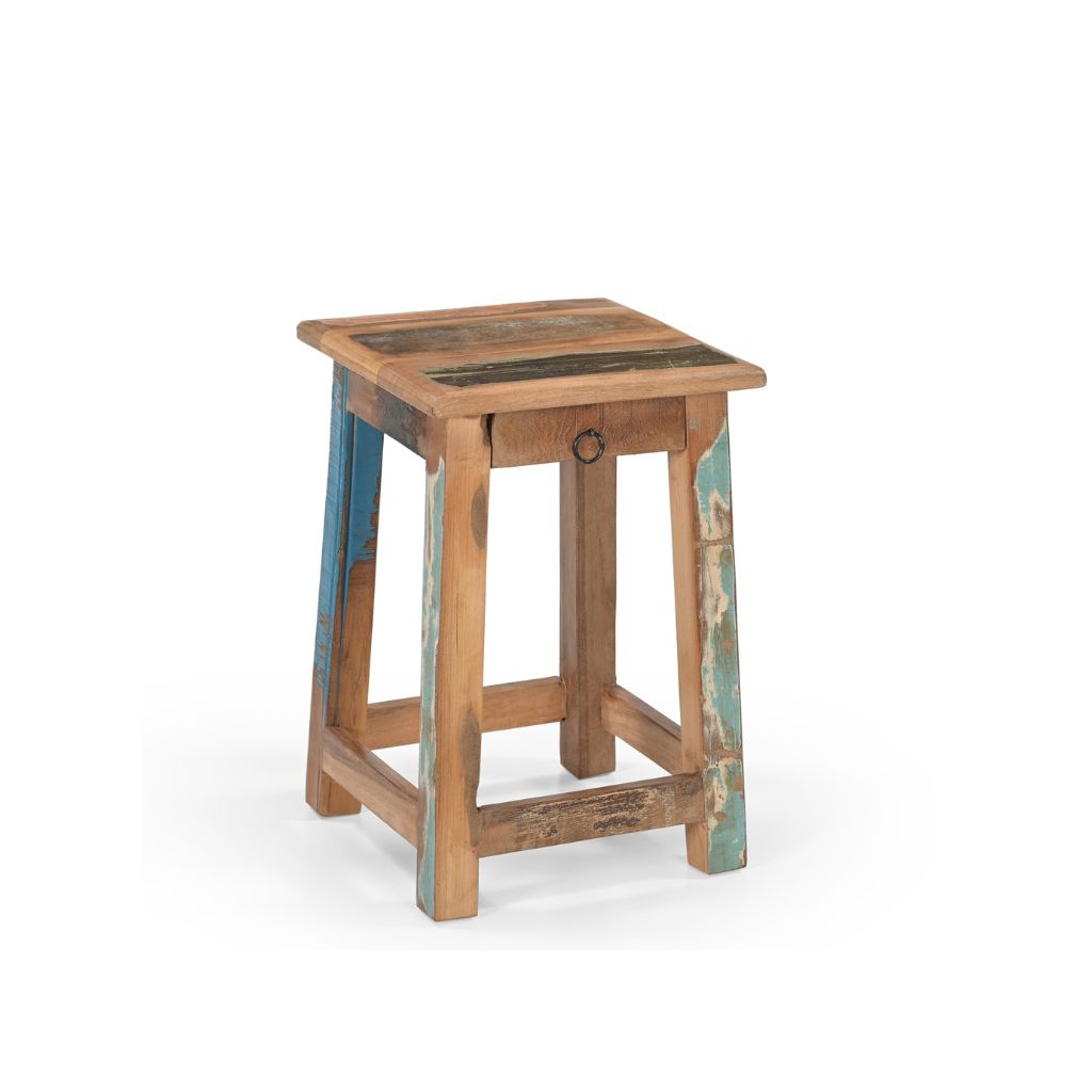 Small square stool with one tiny drawer under the seat. Made of reclaimed wood which had been previously painted, there's 4 legs with barres across the bottom.. Showing the side view